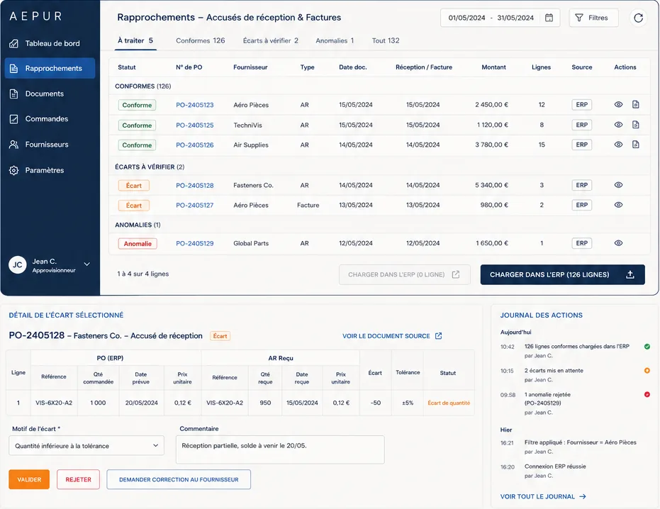 Aperçu de l'interface AEPUR pour le cas Jean, approvisionneur