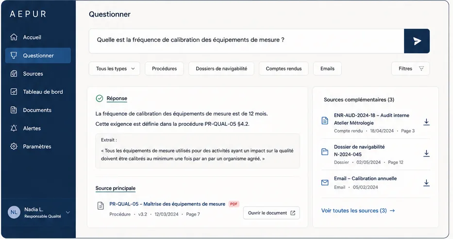 Aperçu de l'interface AEPUR pour le cas Nadia, responsable qualité